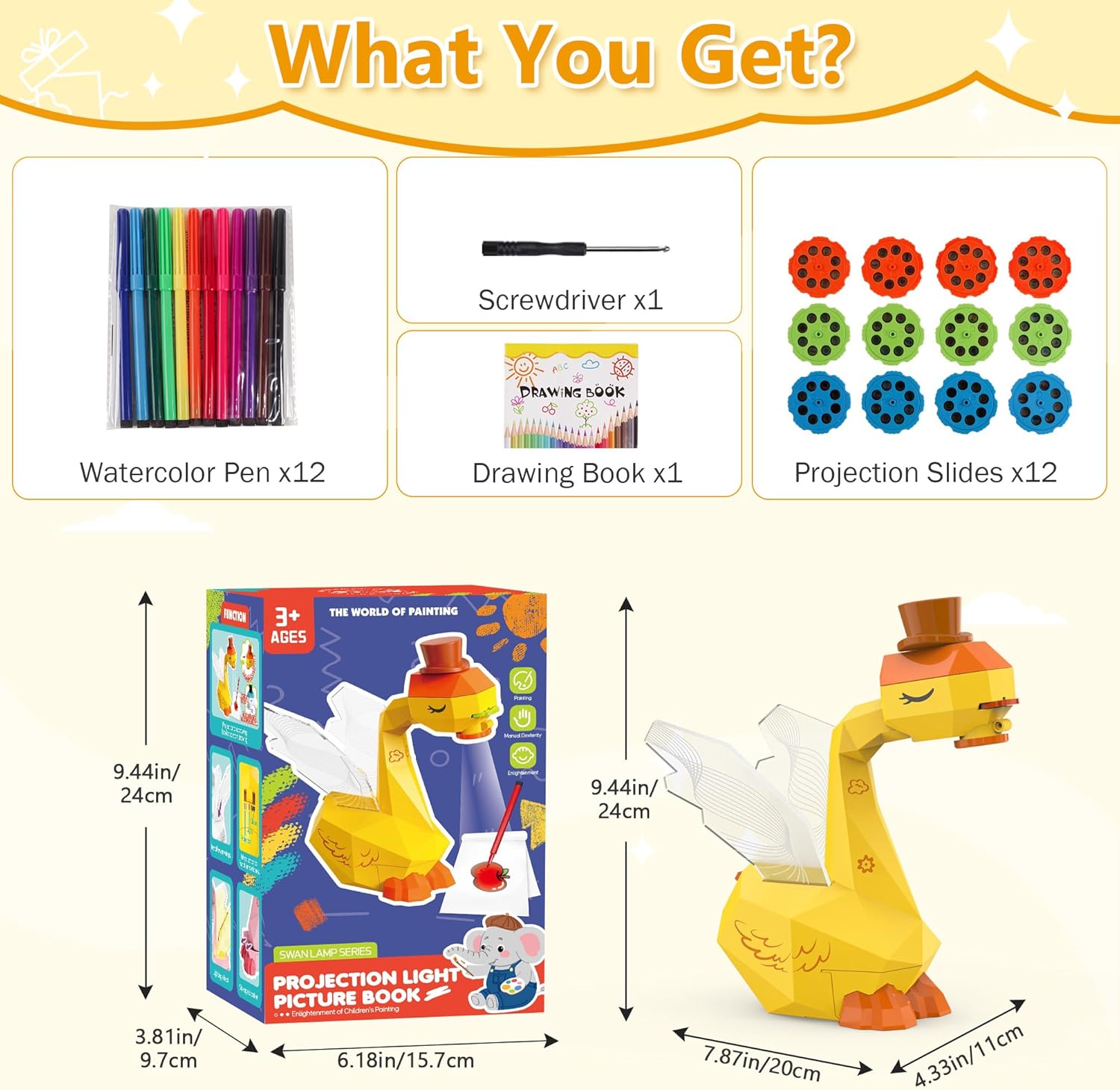 MFEESYOB Drawing Projector for Kids, Tracing and Drawing Projector for Kids with Cute Swan Look, Smart Art Sketcher Projector with 96 Stencils, Toddler Toys for Girls Boys 3 , Yellow